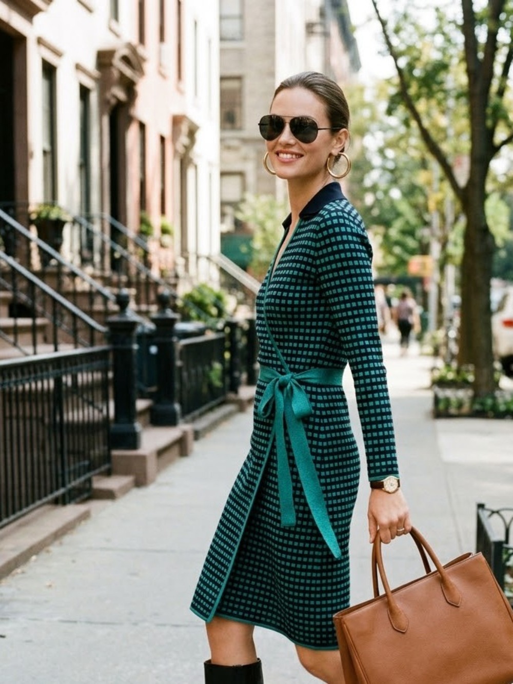 DVF Knit Wrap Dress Teal Green Black Check Grid Petite S Collar Long Sleeve Prep